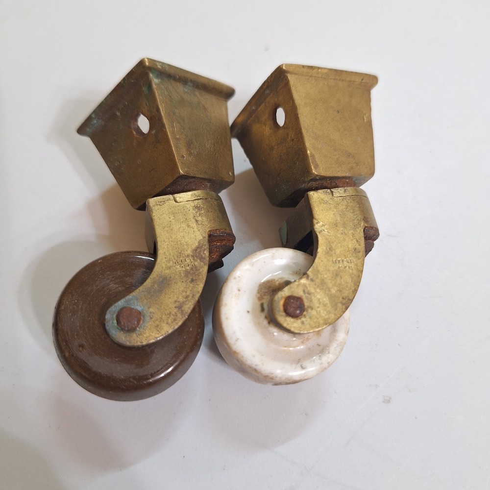Vintage Brass‎ Furniture Casters Wood Porcelain Wheels Set of 2 Antique